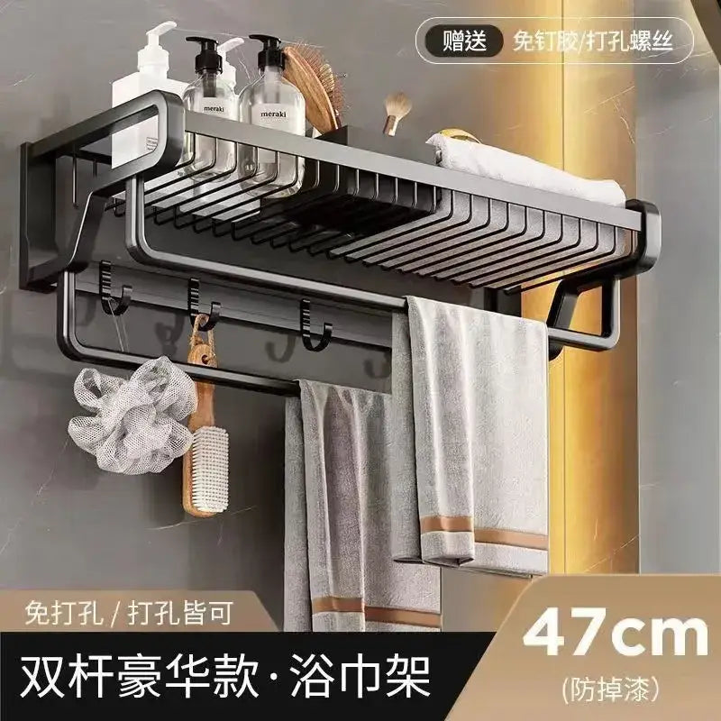 Black metal double-bar aluminum bathroom towel holder with storage basket wire mesh shelf and hooks by DecorBites
