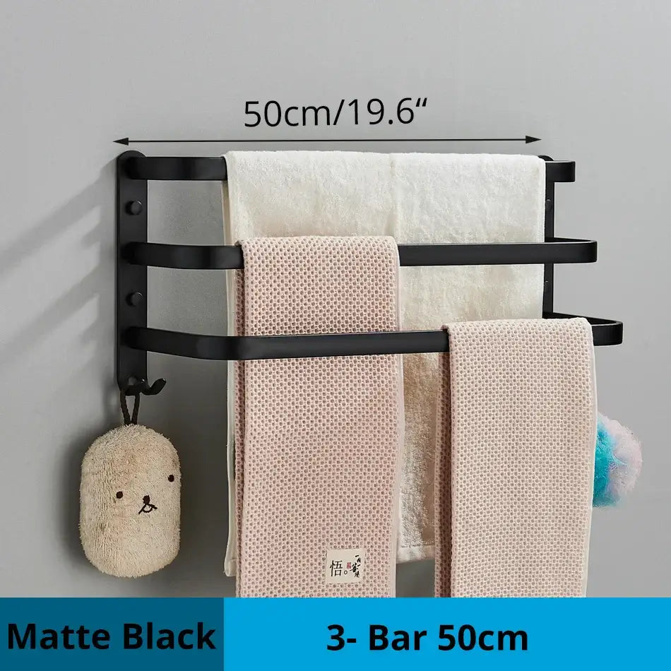 Matte black aluminum bathroom towel rack with three bars and hook wall mounted multiple layer cloth hanger