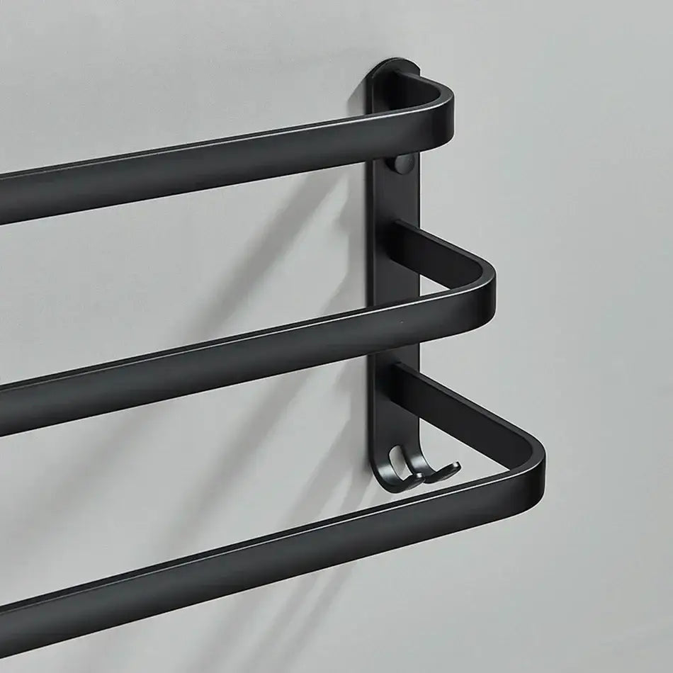 DecorBites™ black matte aluminum bathroom towel rack with three bars and a hook wall mounted multiple layer cloth hanger
