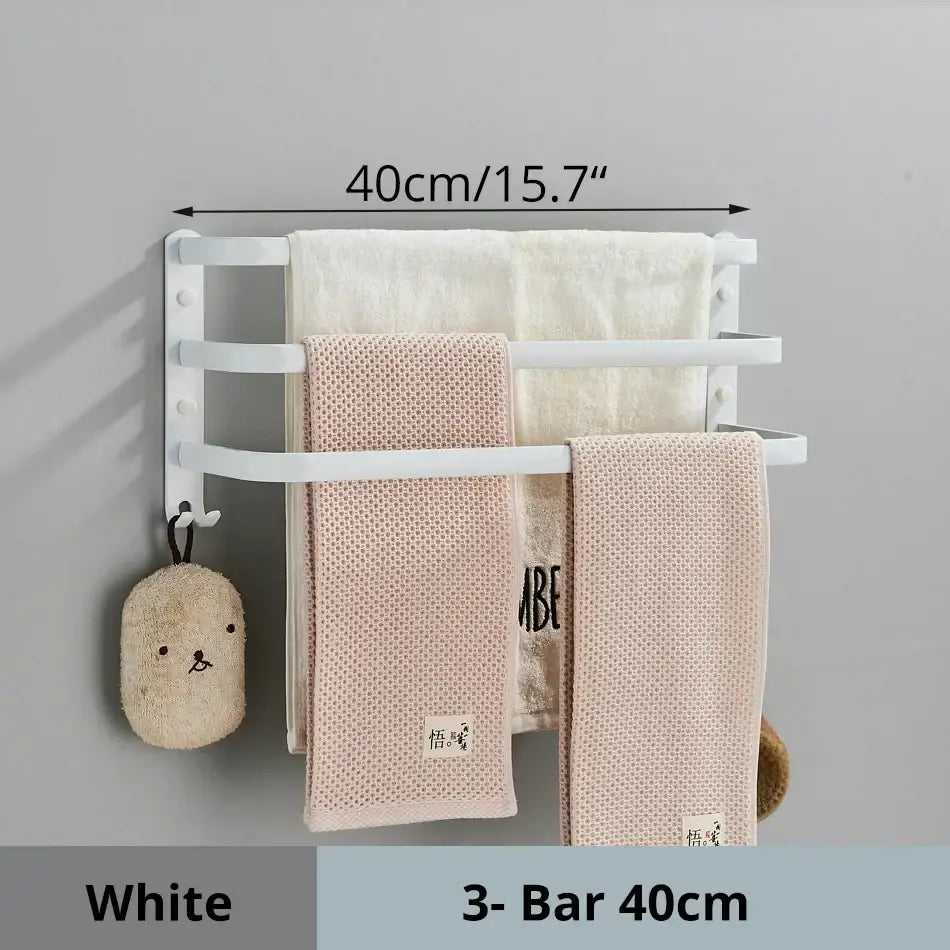 White three-bar aluminum bathroom towel rack with hook and sleek modern design for wall mounted use
