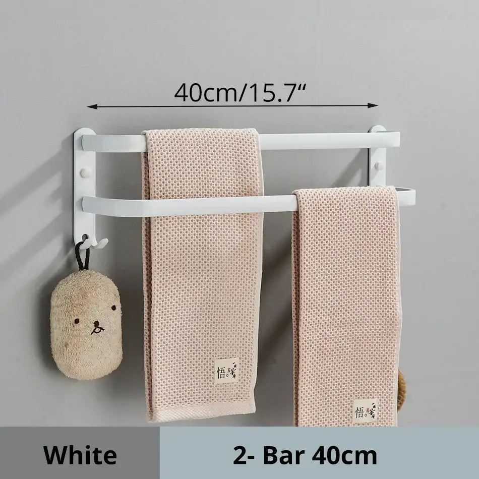 Decorbites aluminum bathroom towel rack with white double bars and wall-mounted hooks for multiple layer cloth hanging
