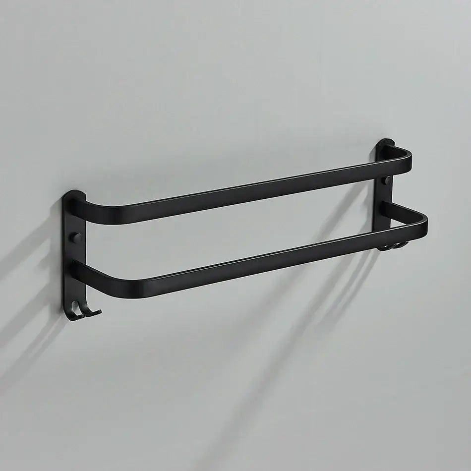 DecorBites aluminum bathroom towel rack with black matte finish double-tier design and wall-mounted hooks for towels