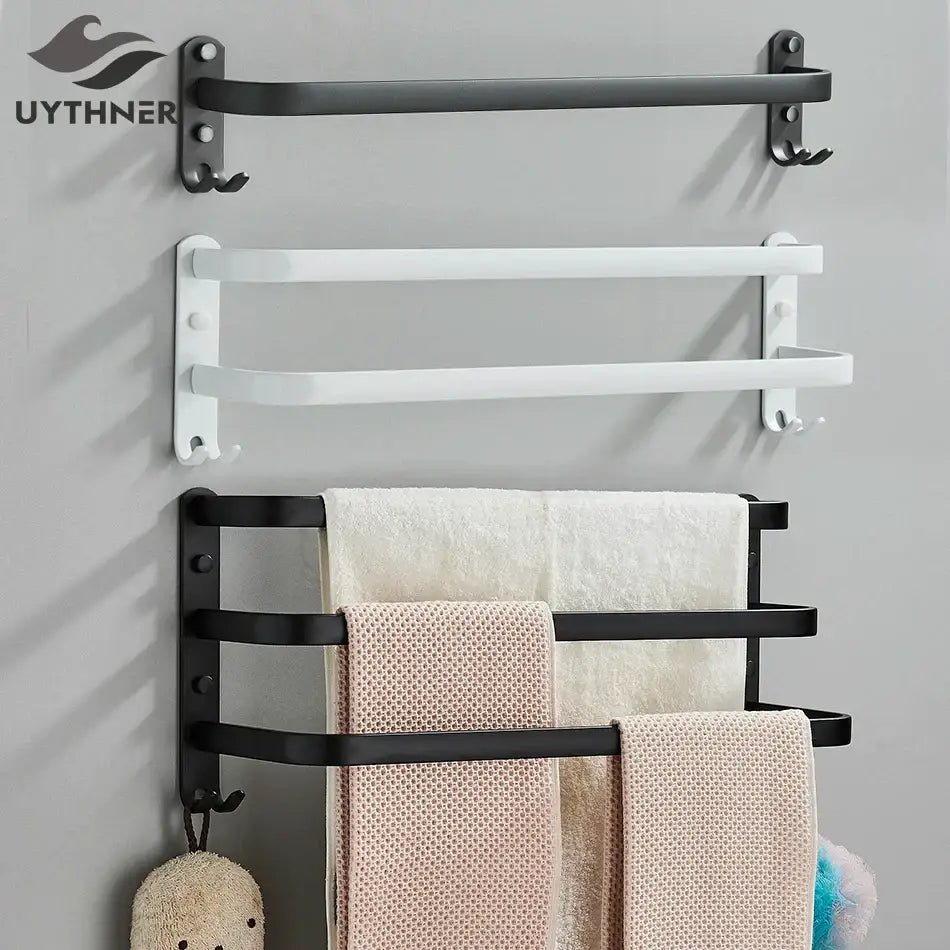 DecorBites™ black aluminum bathroom towel rack with three bars and wall-mounted hooks for multiple layer hanging