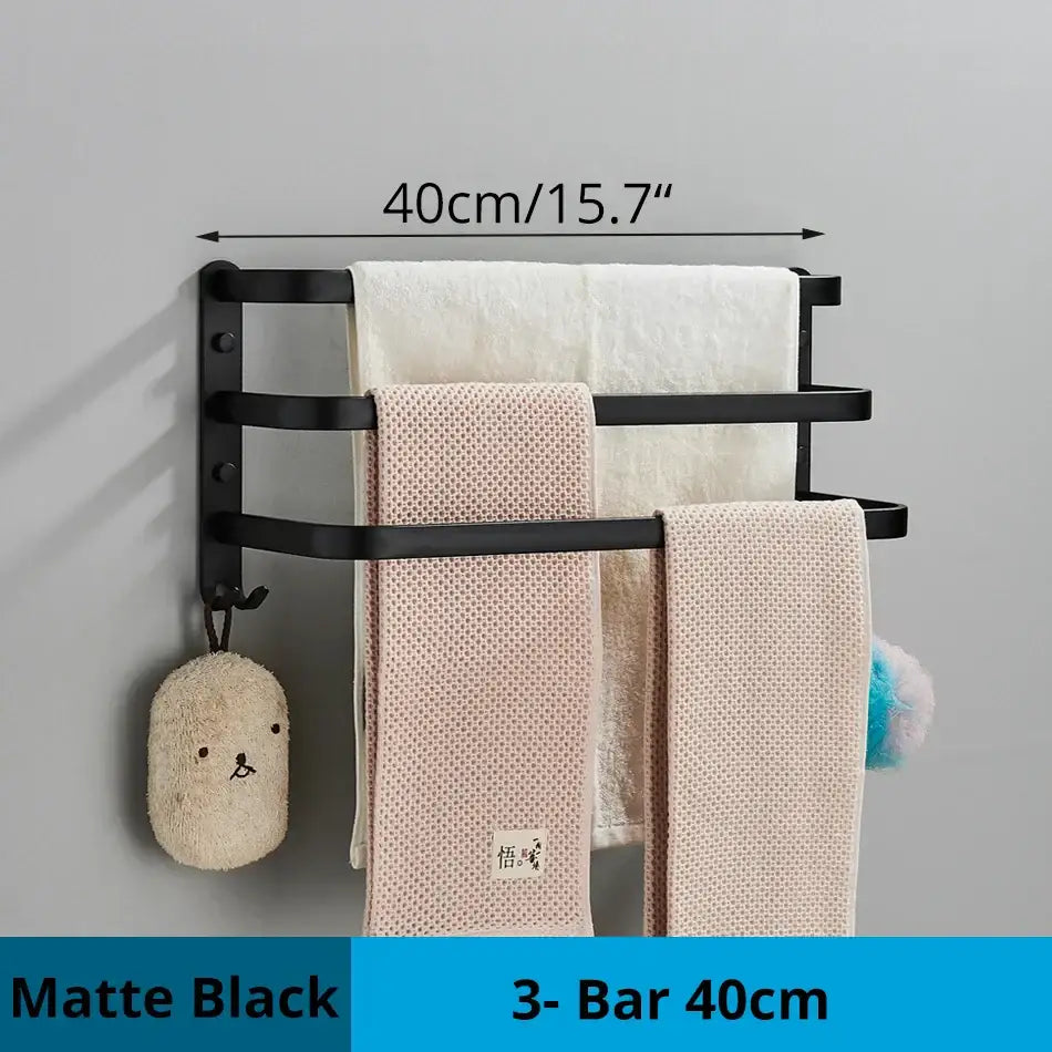 Matte black aluminum bathroom towel rack with three bars and hook in a sleek modern design for wall mounting
