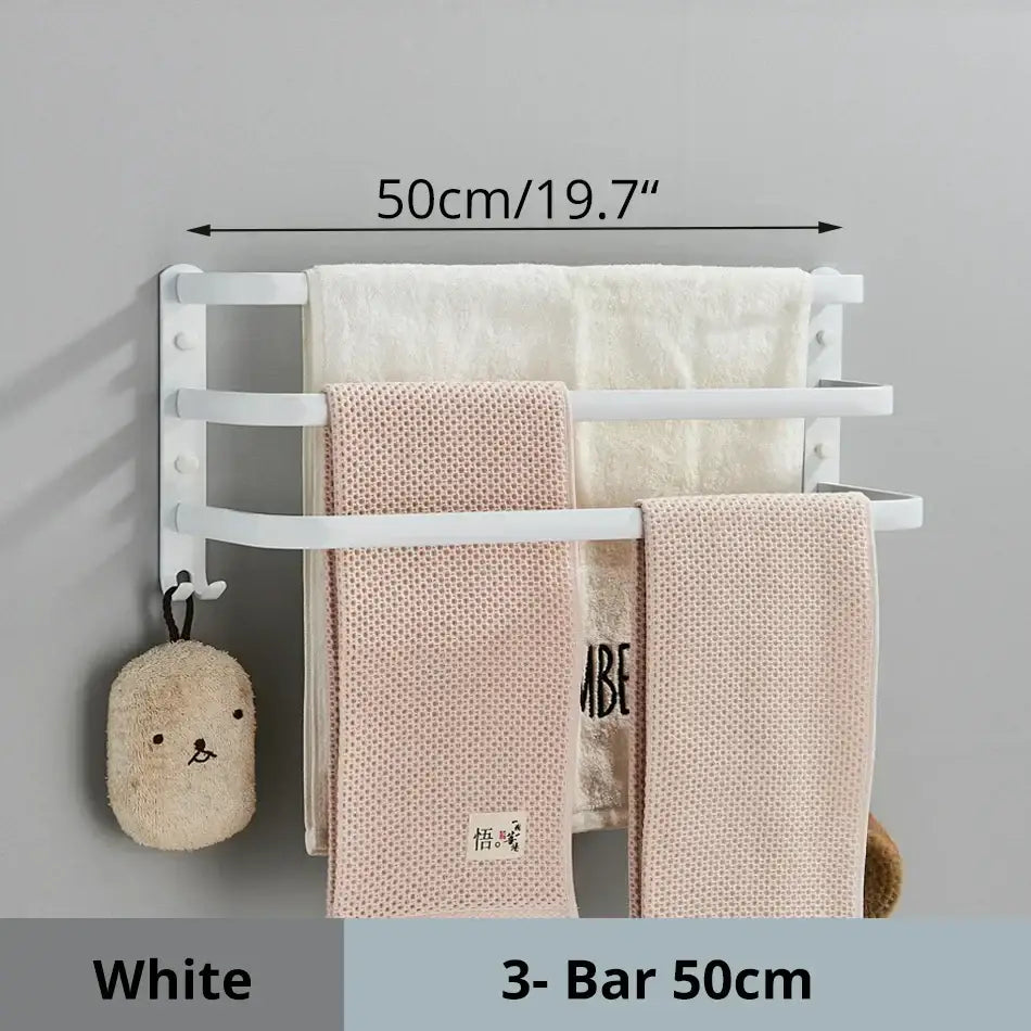 DecorBites aluminum bathroom towel rack in white with three bars and wall-mounted multiple layer cloth hanger design