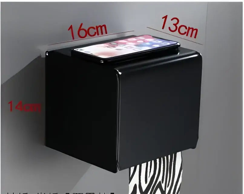 Black rectangular aluminum toilet paper holder with sleek modern design for bathroom hardware set by DecorBites
