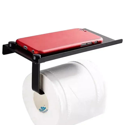 Black metal toilet paper holder with flat shelf for phone in decorbites aluminum black bathroom hardware set