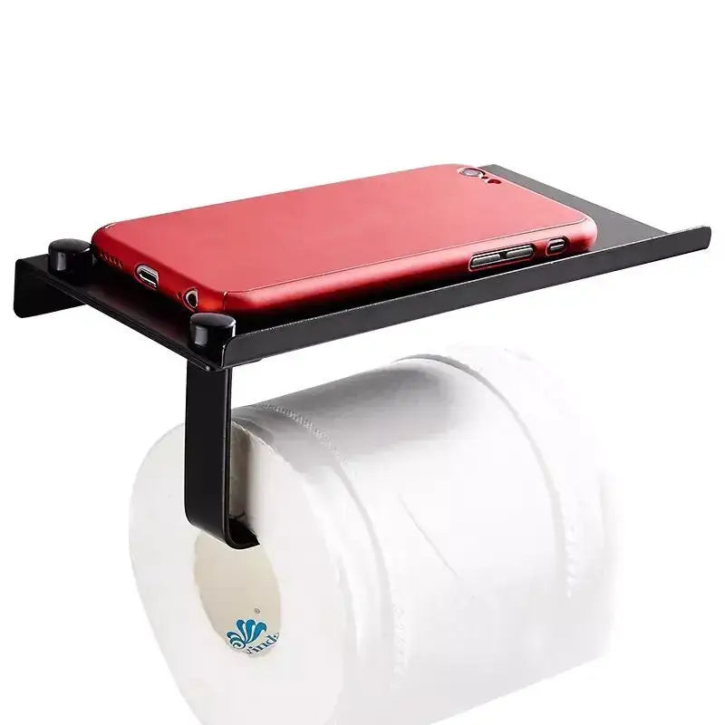 Black metal toilet paper holder with flat shelf for phone in decorbites aluminum black bathroom hardware set