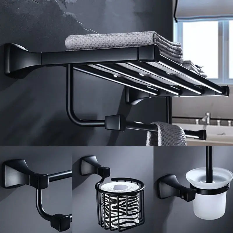 Black matte aluminum bathroom hardware set towel rack with integrated toilet paper holder and bidet brush cup