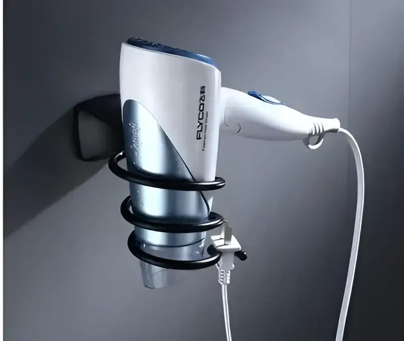 White and silver flyco hair dryer with sleek modern design mounted on wall holder in decorbites bathroom hardware set