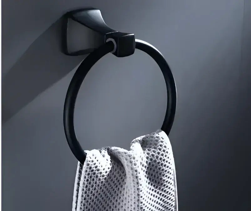 Black matte aluminum towel ring with sleek modern design from DecorBites™ bathroom hardware set