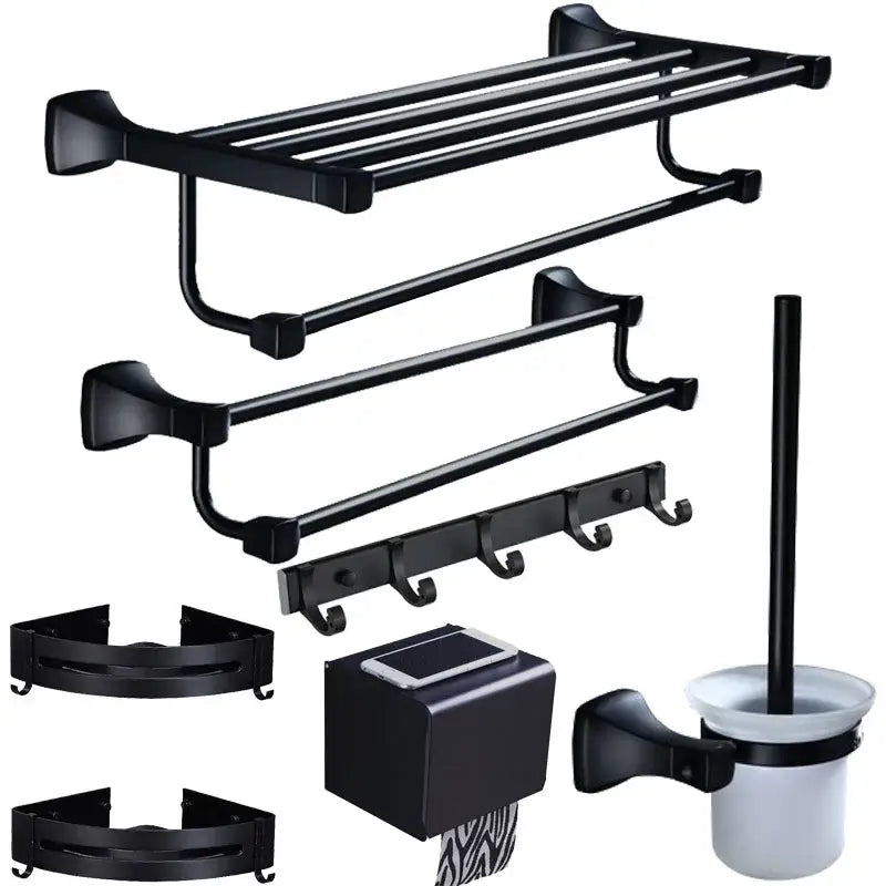 Black metal aluminum bathroom hardware set by decorbites featuring towel racks hooks and a toilet brush holder