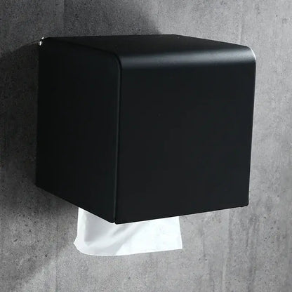 Black matte DecorBites aluminum wall-mounted toilet paper rack with modern cube design for bathroom tissue holder
