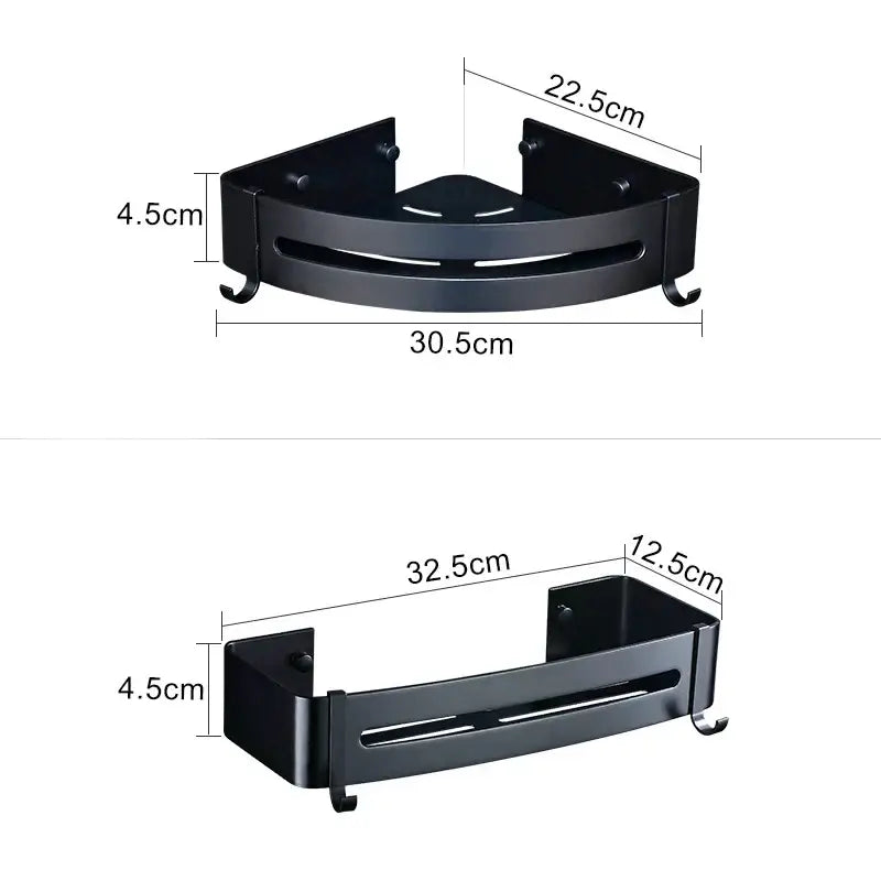 DecorBites™ aluminum black corner basket with hooks and central slot for bathroom and kitchen storage organization