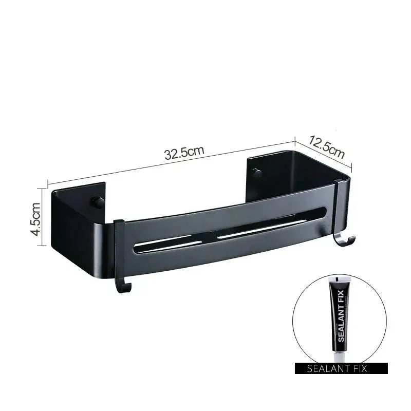 DecorBites aluminum black corner basket is a black metal wall-mounted shelf with two hooks for bathroom and kitchen storage