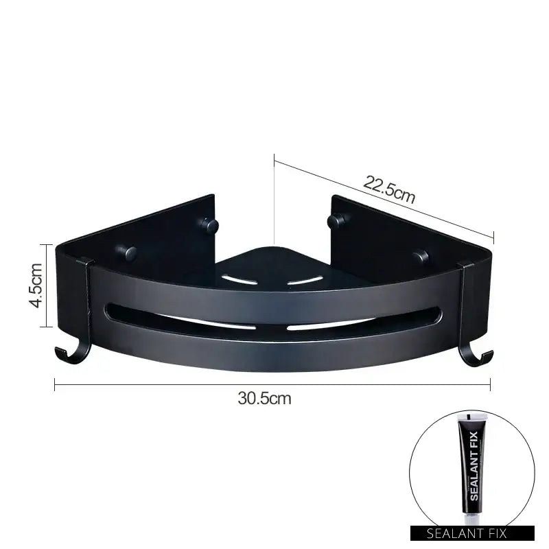 Black matte aluminum black corner basket with integrated hooks and cutout design for bathroom and kitchen storage