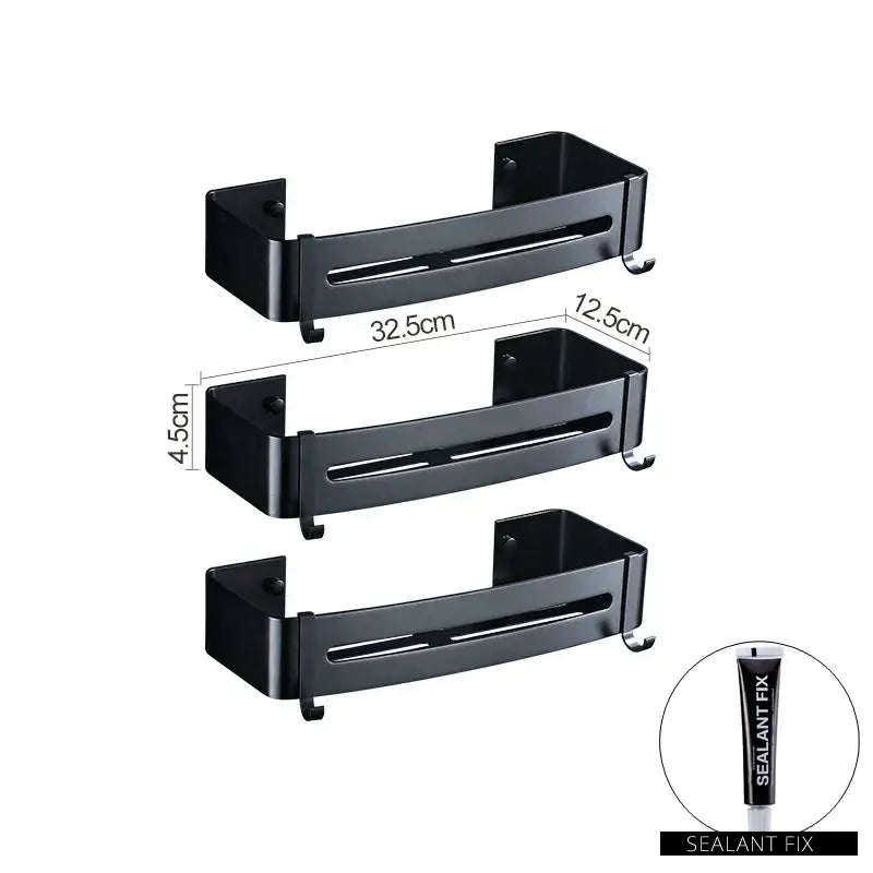 Set of three black metal wall-mounted aluminum black corner basket spice racks with integrated hooks for kitchen storage