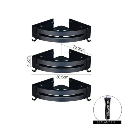 Decorbites aluminum black corner basket cosmetic rack with three sizes curved design and integrated hooks for storage