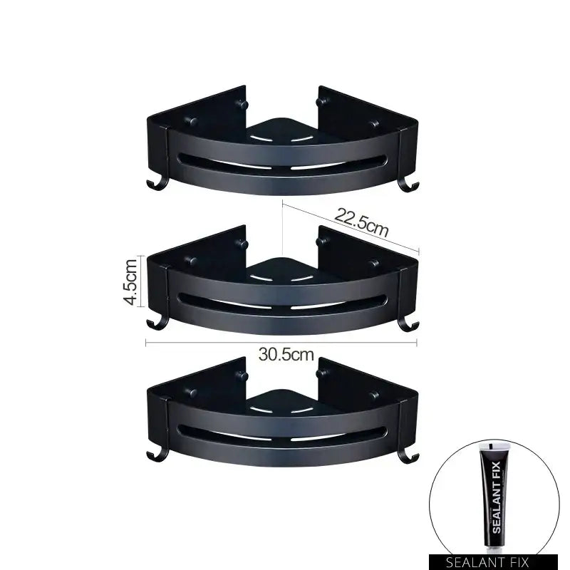 Decorbites aluminum black corner basket cosmetic rack with three sizes curved design and integrated hooks for storage
