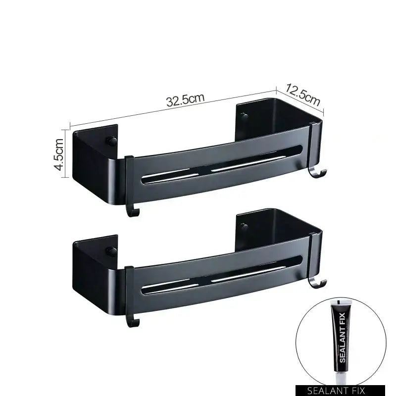 DecorBites™ aluminum black corner basket metal shelf with hooks for bathroom and kitchen storage organization