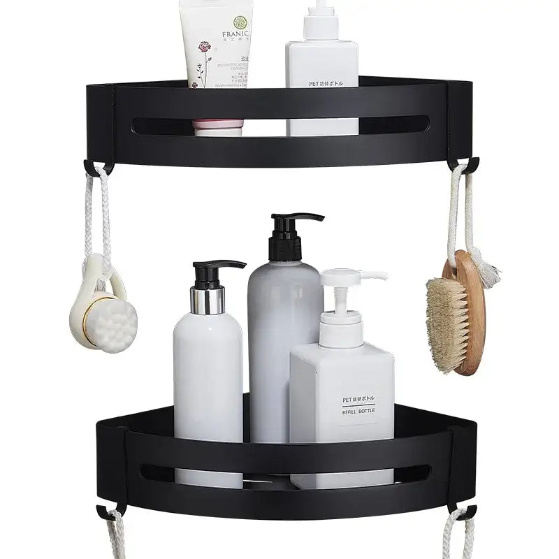 Black double-tiered aluminum black corner basket with hanging hooks for bathroom and kitchen storage by decorbites