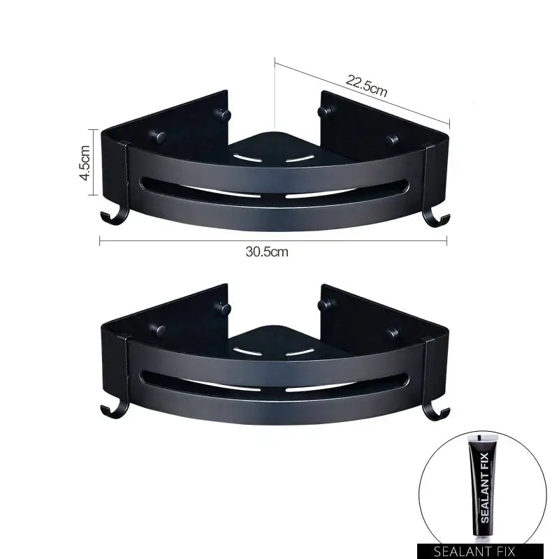 Decorbites aluminum black corner basket cosmetic rack with black matte finish metal and integrated hooks for bathroom storage