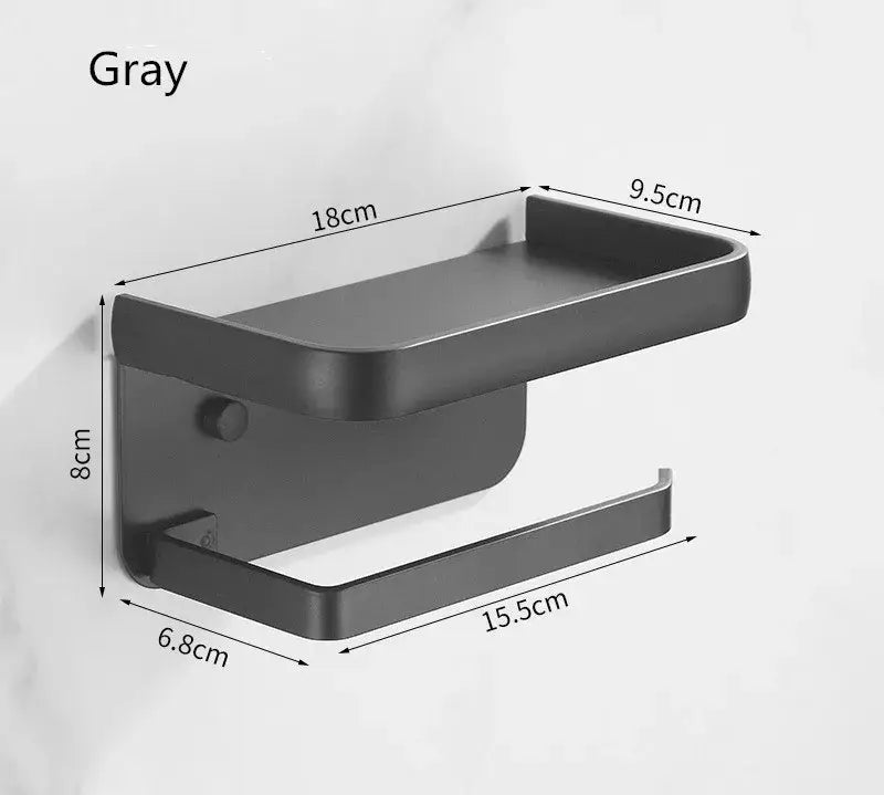 Gray aluminum wall-mounted tissue holder with phone shelf for toilet paper storage by decorbites