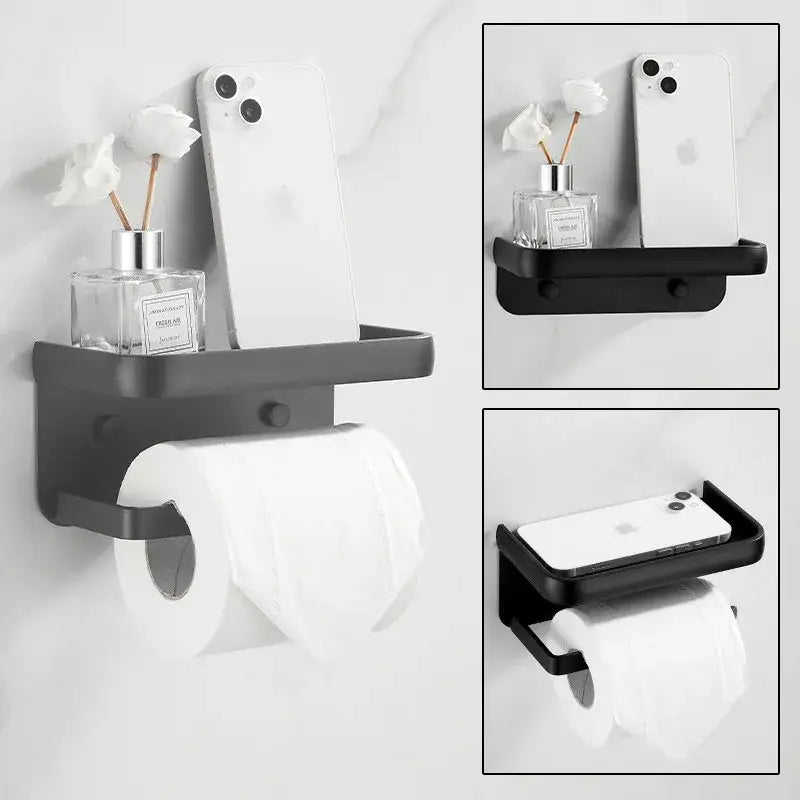 Decorbites aluminum black tissue holder with phone shelf and wall-mounted toilet paper rack in matte finish