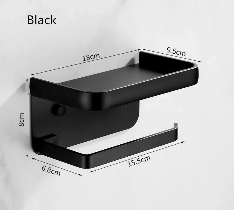 Decorbites™ aluminum black matte tissue holder with phone shelf and wall-mounted toilet paper rack for bathroom use