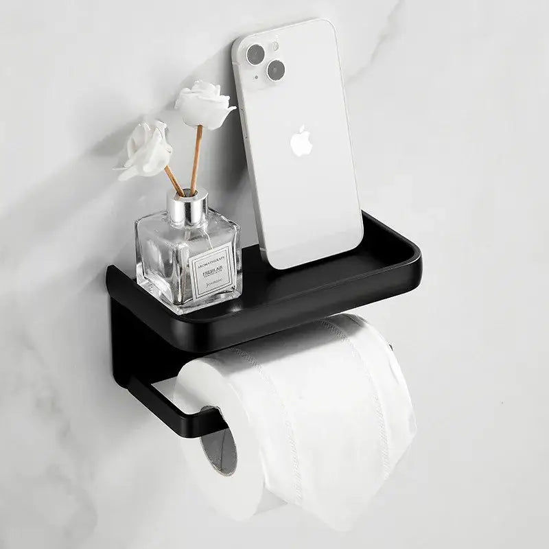 DecorBites aluminum black matte tissue holder with phone shelf wall-mounted for toilet paper storage and convenience