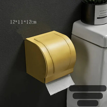 DecorBites aluminum brushed gold toilet paper holder with sleek wall-mounted design and modern curved lid for bathroom use