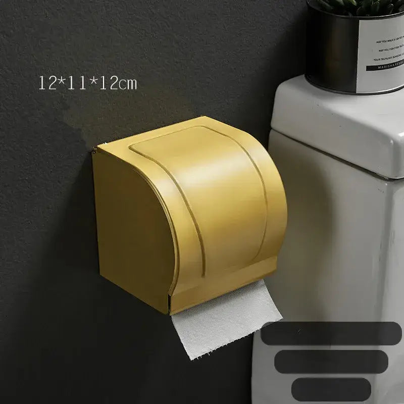 DecorBites aluminum brushed gold toilet paper holder with sleek wall-mounted design and modern curved lid for bathroom use