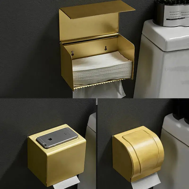 Decorbites aluminum brushed gold wall-mounted toilet paper holder with sleek rectangular design for bathroom storage
