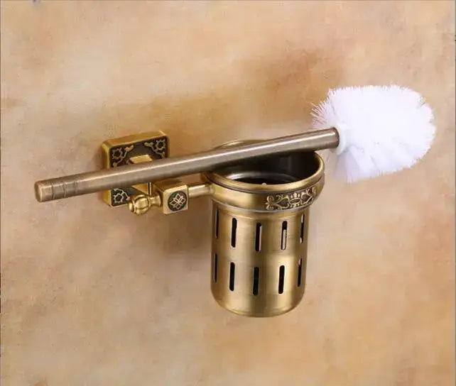 Antique brass decorbites aluminum carved toilet brush holder set with white bristle brush for bathroom use