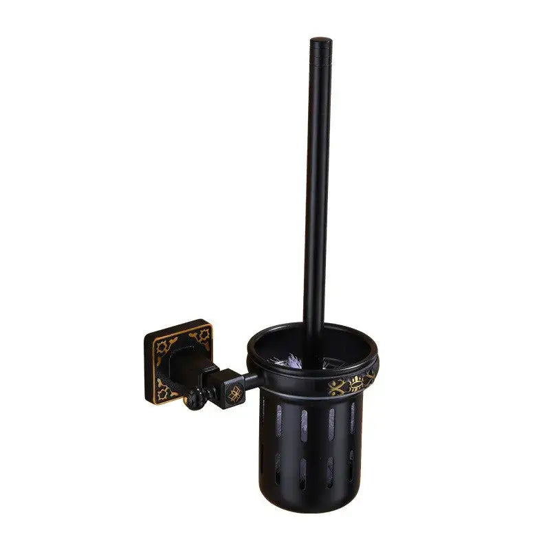 Decorbites aluminum carved toilet brush holder set in black with gold accents features a sleek modern brush holder design