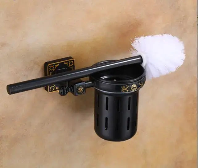 Decorbites™ aluminum carved black toilet brush holder with gold patterns and matching wall-mounted brush holder set