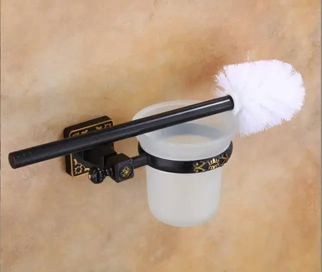 DecorBites aluminum carved toilet brush holder set with black and gold ornate brush holder and frosted glass cup