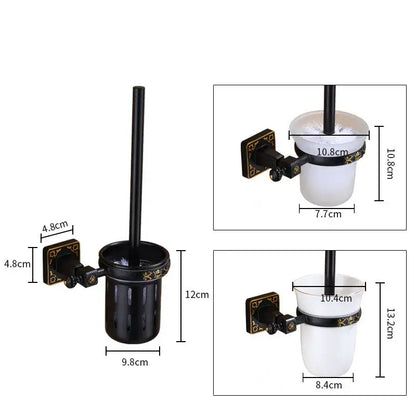 DecorBites aluminum carved black and gold ornate toilet brush holder with a white ceramic cup for bathroom use