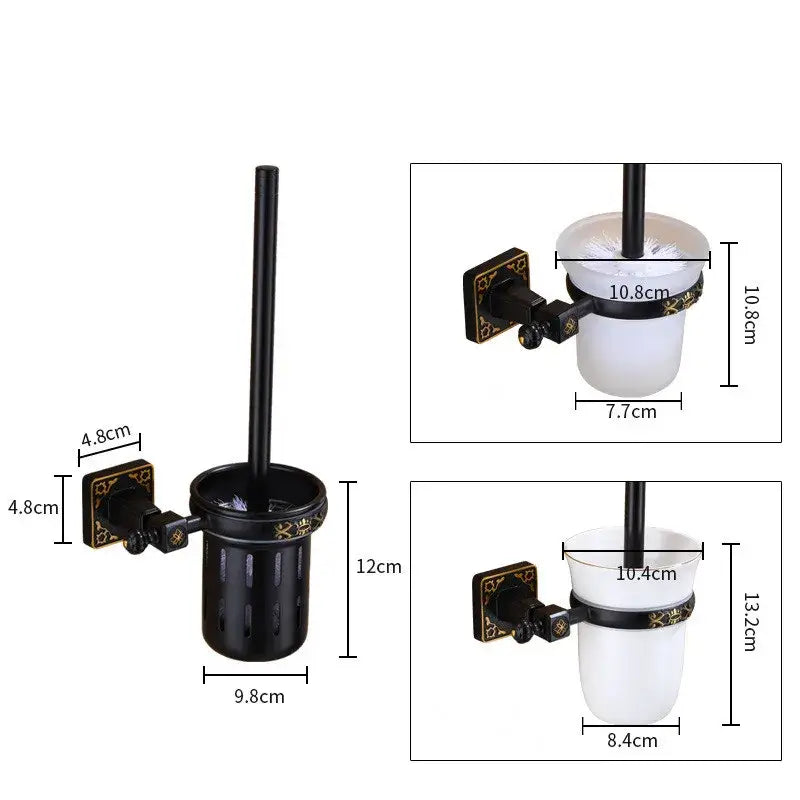DecorBites aluminum carved black and gold ornate toilet brush holder with a white ceramic cup for bathroom use