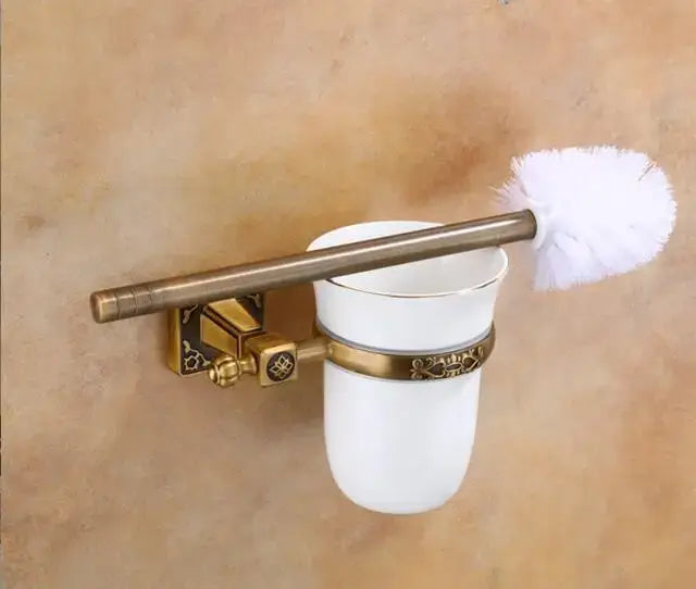 Decorbites aluminum carved white ceramic toilet brush holder set with gold ornate metal bracket and white bristle brush