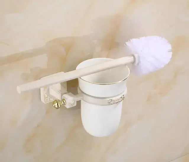 Decorbites™ aluminum carved white ceramic toilet brush holder set with gold accents and soft fluffy bristles toilet brush