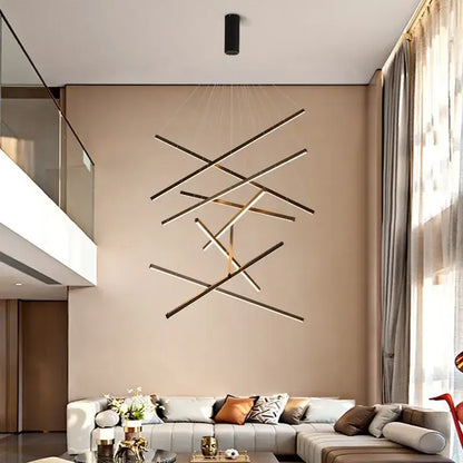 Modern geometric decorbites aluminum ceiling chandelier with intersecting gold and black bars for indoor lighting
