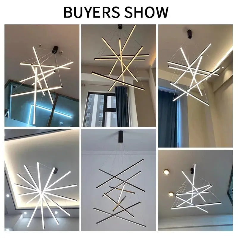 Modern geometric aluminum ceiling chandelier with LED intersecting rods in white, black, and gold finishes for indoor use