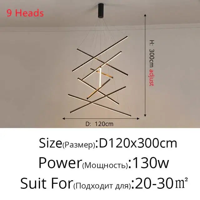 Modern black and gold aluminum ceiling chandelier with nine adjustable light heads for indoor high-rise lighting