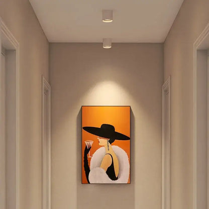 Decorbites aluminum ceiling lamp with adjustable beam angle features a stylish black-and-white art print on vibrant background