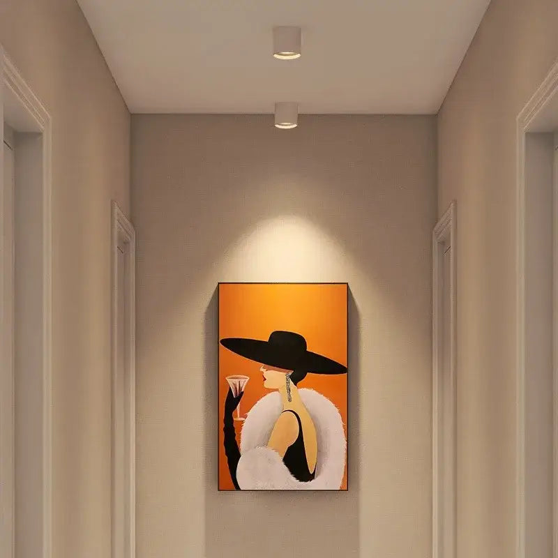 Decorbites aluminum ceiling lamp with adjustable beam angle features a stylish black-and-white art print on vibrant background