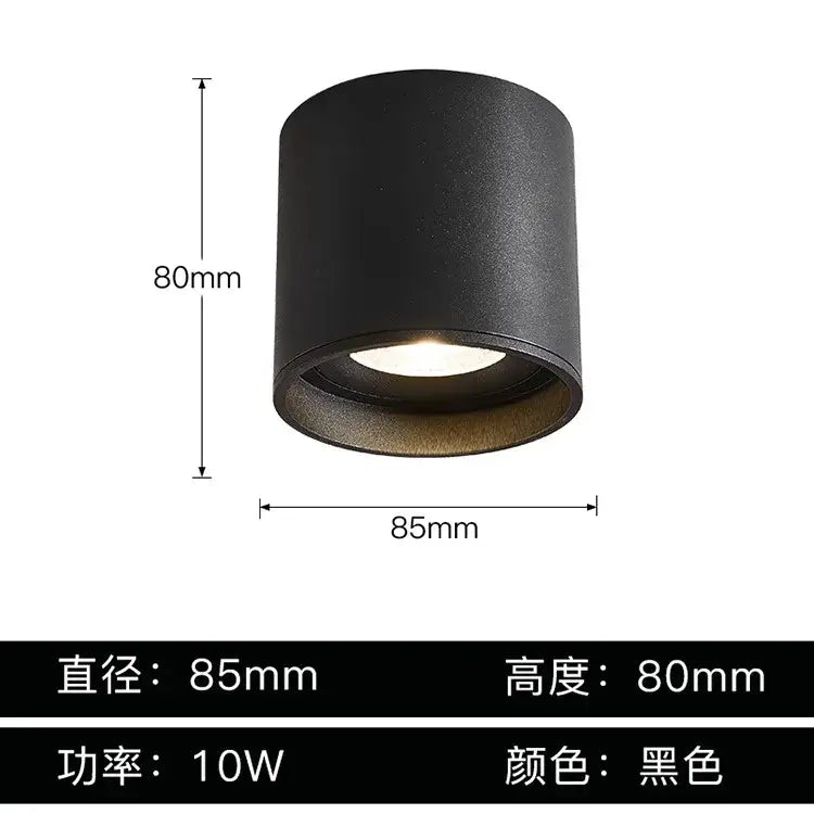 Black cylindrical aluminum ceiling lamp with matte finish 85mm diameter 80mm height adjustable beam angle downlight