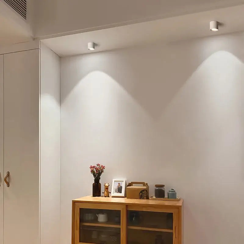 Two white aluminum ceiling lamps with adjustable beam angle illuminate the wall above a wooden cabinet