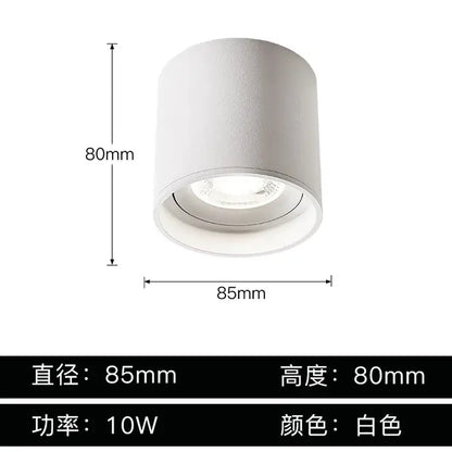 White cylindrical recessed led aluminum ceiling lamp with matte finish, 85mm diameter, and adjustable beam angle