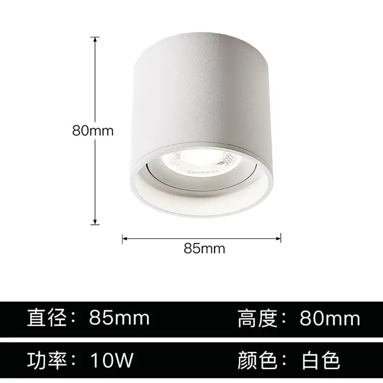 White cylindrical recessed led aluminum ceiling lamp with matte finish, 85mm diameter, and adjustable beam angle